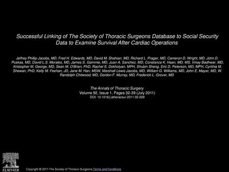Successful Linking of The Society of Thoracic Surgeons Database to Social Security Data to Examine Survival After Cardiac Operations  Jeffrey Phillip.