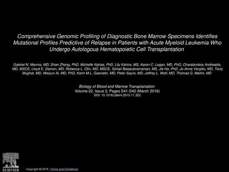 Comprehensive Genomic Profiling of Diagnostic Bone Marrow Specimens Identifies Mutational Profiles Predictive of Relapse in Patients with Acute Myeloid.