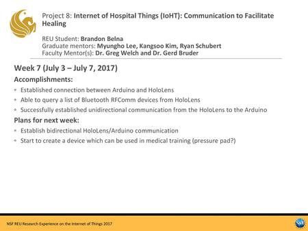 Project 8: Internet of Hospital Things (IoHT): Communication to Facilitate Healing REU Student: Brandon Belna Graduate mentors: Myungho Lee, Kangsoo Kim,