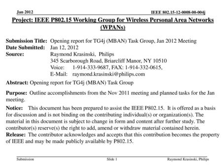 Jan 2012 Project: IEEE P802.15 Working Group for Wireless Personal Area Networks (WPANs) Submission Title:	Opening report for TG4j (MBAN) Task Group, Jan.