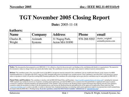 TGT November 2005 Closing Report