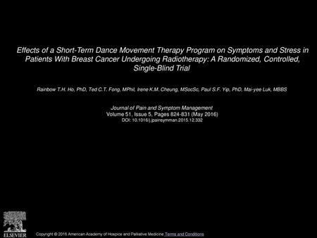 Effects of a Short-Term Dance Movement Therapy Program on Symptoms and Stress in Patients With Breast Cancer Undergoing Radiotherapy: A Randomized, Controlled,