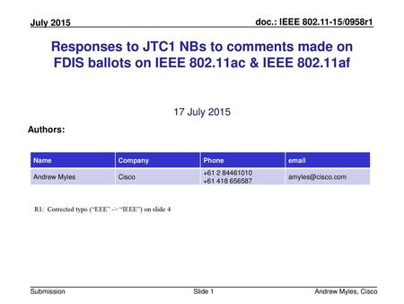 July 2010 doc.: IEEE 802.11-10/0xxxr0 Responses to JTC1 NBs to comments made on FDIS ballots on IEEE 802.11ac & IEEE 802.11af 17 July 2015 Authors: Name.