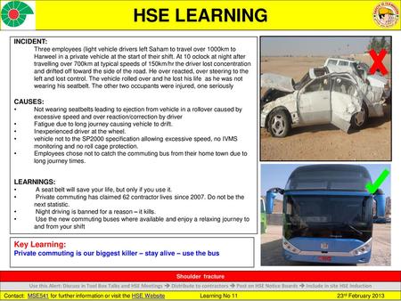 HSE LEARNING Key Learning: INCIDENT: CAUSES: LEARNINGS: