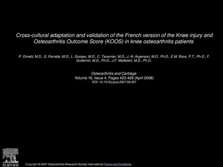 Cross-cultural adaptation and validation of the French version of the Knee injury and Osteoarthritis Outcome Score (KOOS) in knee osteoarthritis patients 