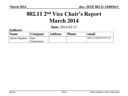 nd Vice Chair’s Report March 2014