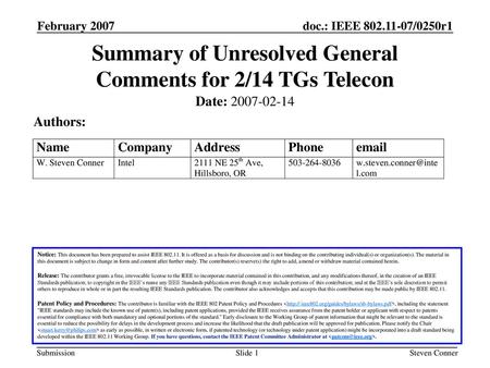 Summary of Unresolved General Comments for 2/14 TGs Telecon