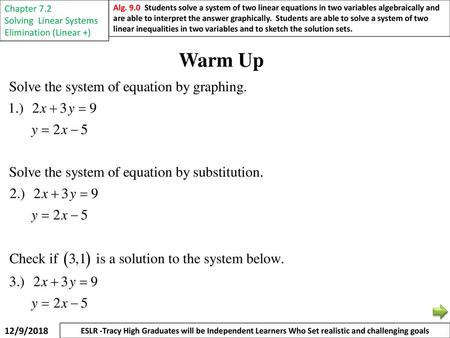 Warm Up Chapter 7.2 Solving Linear Systems Elimination (Linear +)
