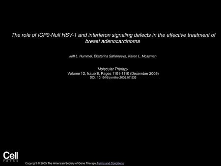 The role of ICP0-Null HSV-1 and interferon signaling defects in the effective treatment of breast adenocarcinoma  Jeff L. Hummel, Ekaterina Safroneeva,