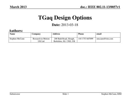 TGaq Design Options Date: Authors: March 2013 March 2013