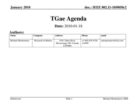 TGae Agenda Date: Authors: January 2010 September 2009