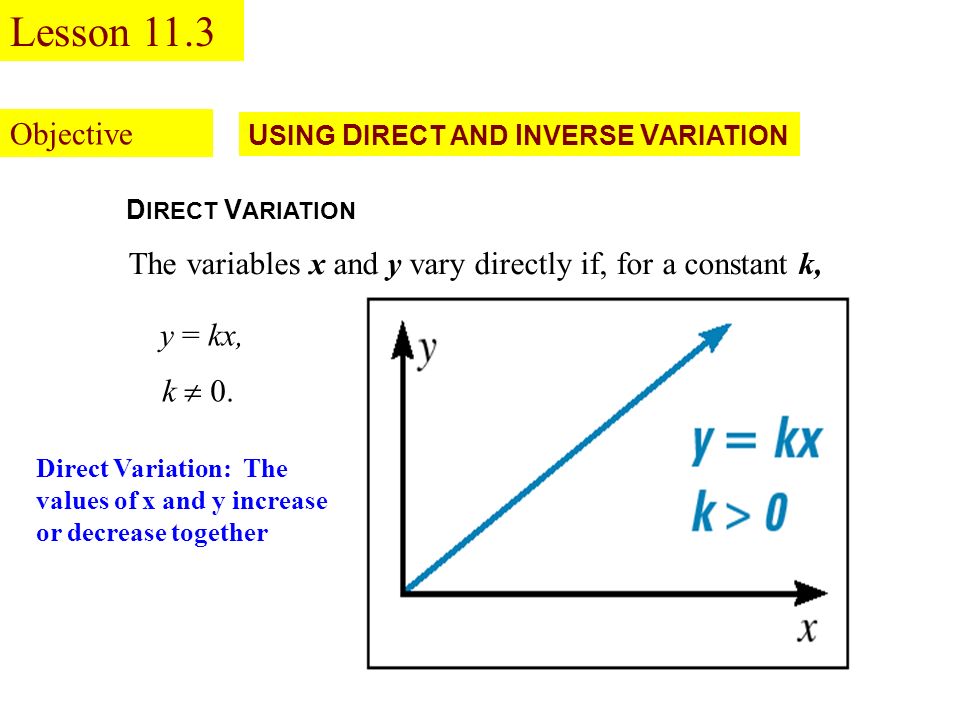 U Sing D Irect And I Nverse V Ariation D Irect V Ariation The Variables X And Y Vary Directly If For A Constant K K 0 Y Kx Objective