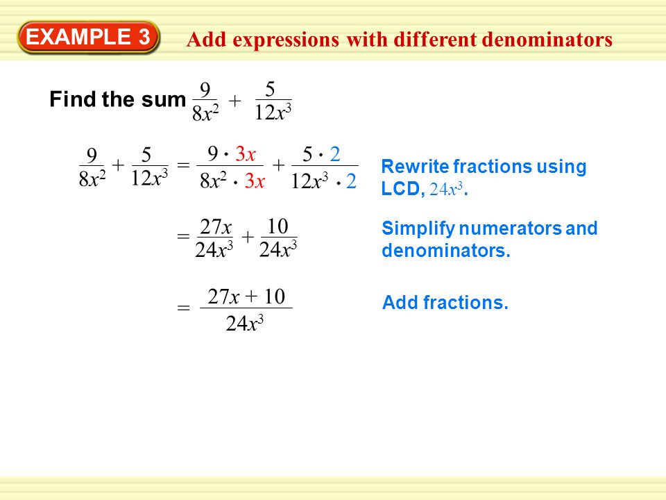 EXAMPLE 3 Add expressions with different denominators Find the sum 5 12x 3  9 8x28x x28x2 += 9 3x 8x 2 3x x 3 2 Rewrite fractions using LCD, - ppt  download