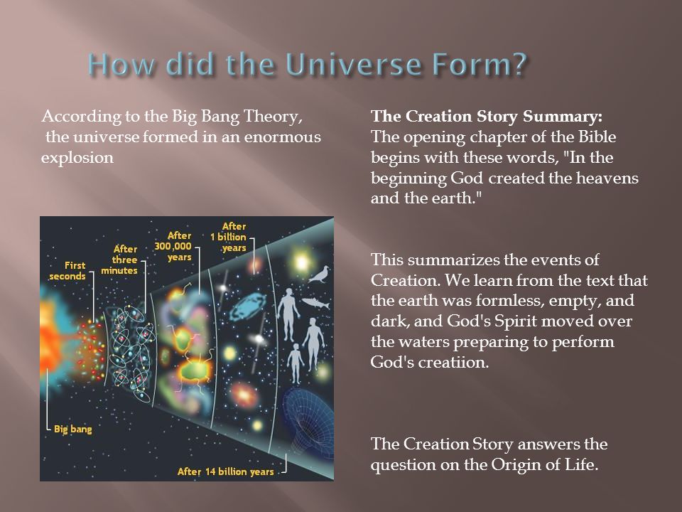 According to the Big Bang Theory, the universe formed in an enormous  explosion The Creation Story Summary: The opening chapter of the Bible  begins with. - ppt download