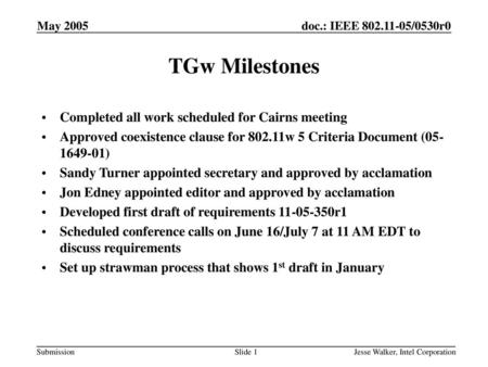 TGw Milestones Completed all work scheduled for Cairns meeting
