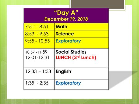 “Day A” December 19, :51 - 8:51 Math 8:53 - 9:53 Science
