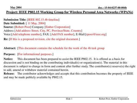 May 2004 Project: IEEE P802.15 Working Group for Wireless Personal Area Networks (WPANs) Submission Title: [IEEE 802.15.4b timeline] Date Submitted: [