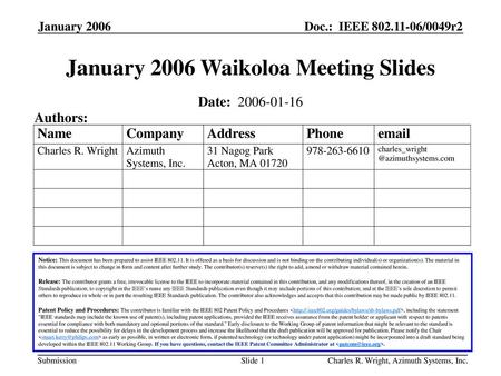 January 2006 Waikoloa Meeting Slides