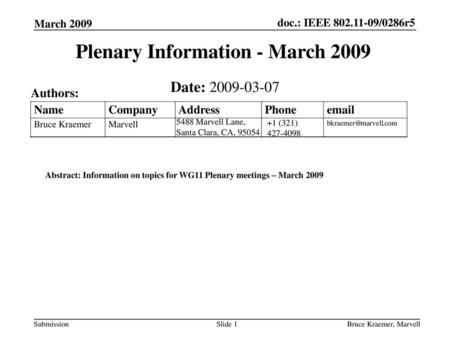 Plenary Information - March 2009
