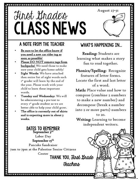 class news First Grade’s August A Note from the Teacher