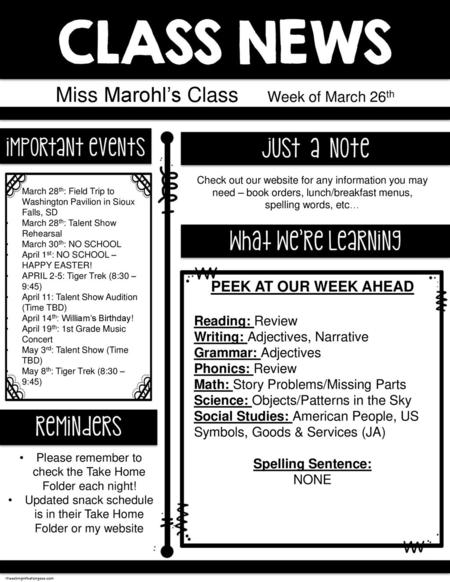 Miss Marohl’s Class Week of March 26th