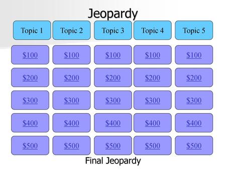 Jeopardy Final Jeopardy Topic 1 Topic 2 Topic 3 Topic 4 Topic 5 $100