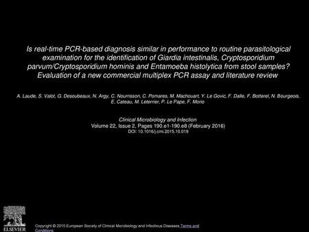 Is real-time PCR-based diagnosis similar in performance to routine parasitological examination for the identification of Giardia intestinalis, Cryptosporidium.