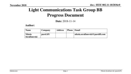 Light Communications Task Group BB Progress Document