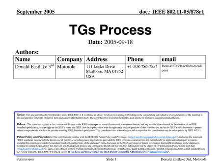TGs Process Date: Authors: September 2005 September 2005