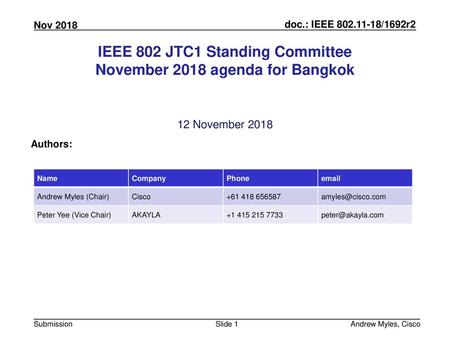 IEEE 802 JTC1 Standing Committee November 2018 agenda for Bangkok