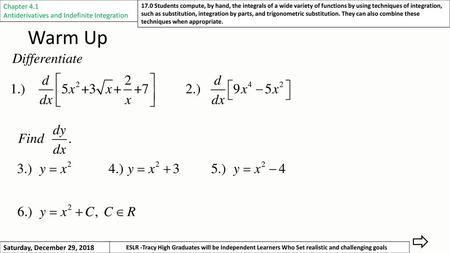 Warm Up Chapter 4.1 Antiderivatives and Indefinite Integration