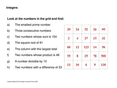 Look at the numbers in the grid and find: The smallest prime number