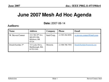 June 2007 Mesh Ad Hoc Agenda Authors: June 2007 Date: