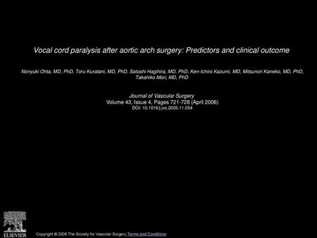 Vocal cord paralysis after aortic arch surgery: Predictors and clinical outcome  Noriyuki Ohta, MD, PhD, Toru Kuratani, MD, PhD, Satoshi Hagihira, MD,