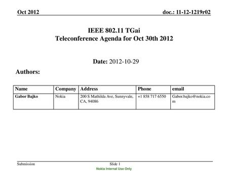 IEEE TGai Teleconference Agenda for Oct 30th 2012