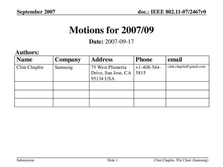 Motions for 2007/09 Date: Authors: September 2007