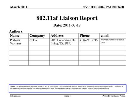 802.11af Liaison Report Date: Authors: March 2011