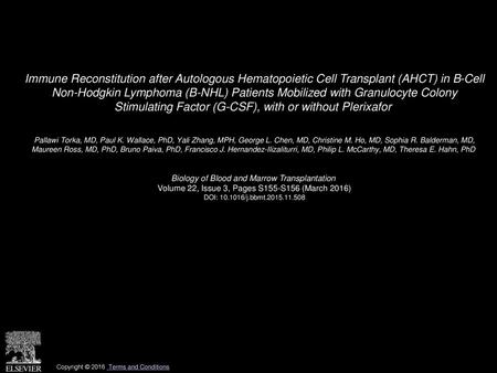 Immune Reconstitution after Autologous Hematopoietic Cell Transplant (AHCT) in B-Cell Non-Hodgkin Lymphoma (B-NHL) Patients Mobilized with Granulocyte.