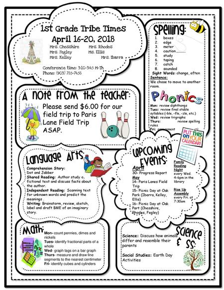 1st Grade Tribe Times April 16-20, 2018