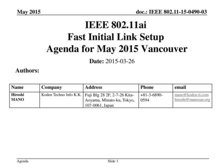 IEEE ai Fast Initial Link Setup Agenda for May 2015 Vancouver