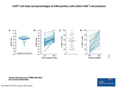 CAR T cell dose and percentages of CAR‐positive cells within CAR T cell products CAR T cell dose and percentages of CAR‐positive cells within CAR T cell.