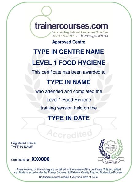 TYPE IN CENTRE NAME LEVEL 1 FOOD HYGIENE TYPE IN NAME