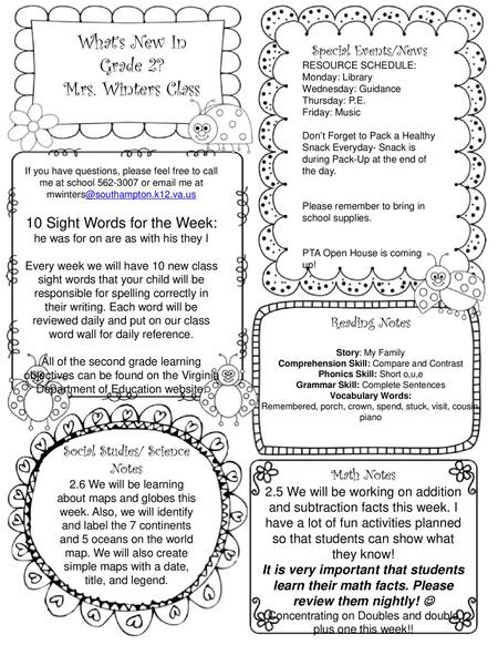 What’s New In Grade 2? Mrs. Winters Class Special Events/News