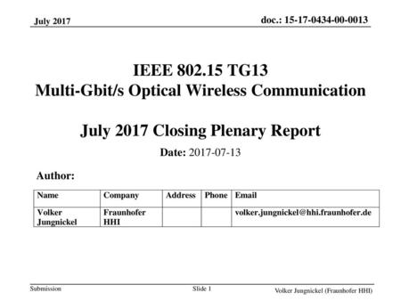 May 2015 doc.: IEEE 802.11-15/0496r1 July 2017 IEEE 802.15 TG13 Multi-Gbit/s Optical Wireless Communication July 2017 Closing Plenary Report Date: 2017-07-13.