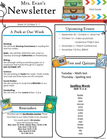 Newsletter Mrs. Evan’s Upcoming Events A Peek at Our Week