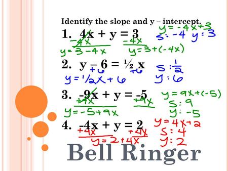 Bell Ringer 4x + y = 3 y – 6 = ½ x -9x + y = -5 -4x + y = 2