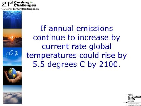 If annual emissions continue to increase by current rate global temperatures could rise by 5.5 degrees C by 2100.