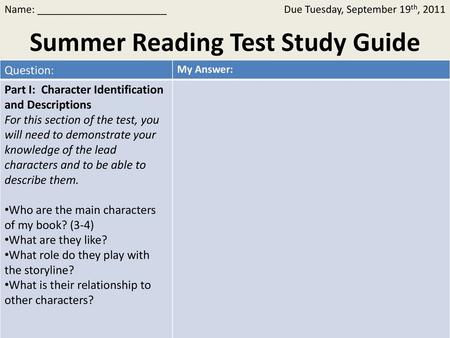Summer Reading Test Study Guide