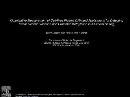 Quantitative Measurement of Cell-Free Plasma DNA and Applications for Detecting Tumor Genetic Variation and Promoter Methylation in a Clinical Setting 