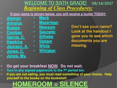 Welcome to sixth grade! 08/14/2017